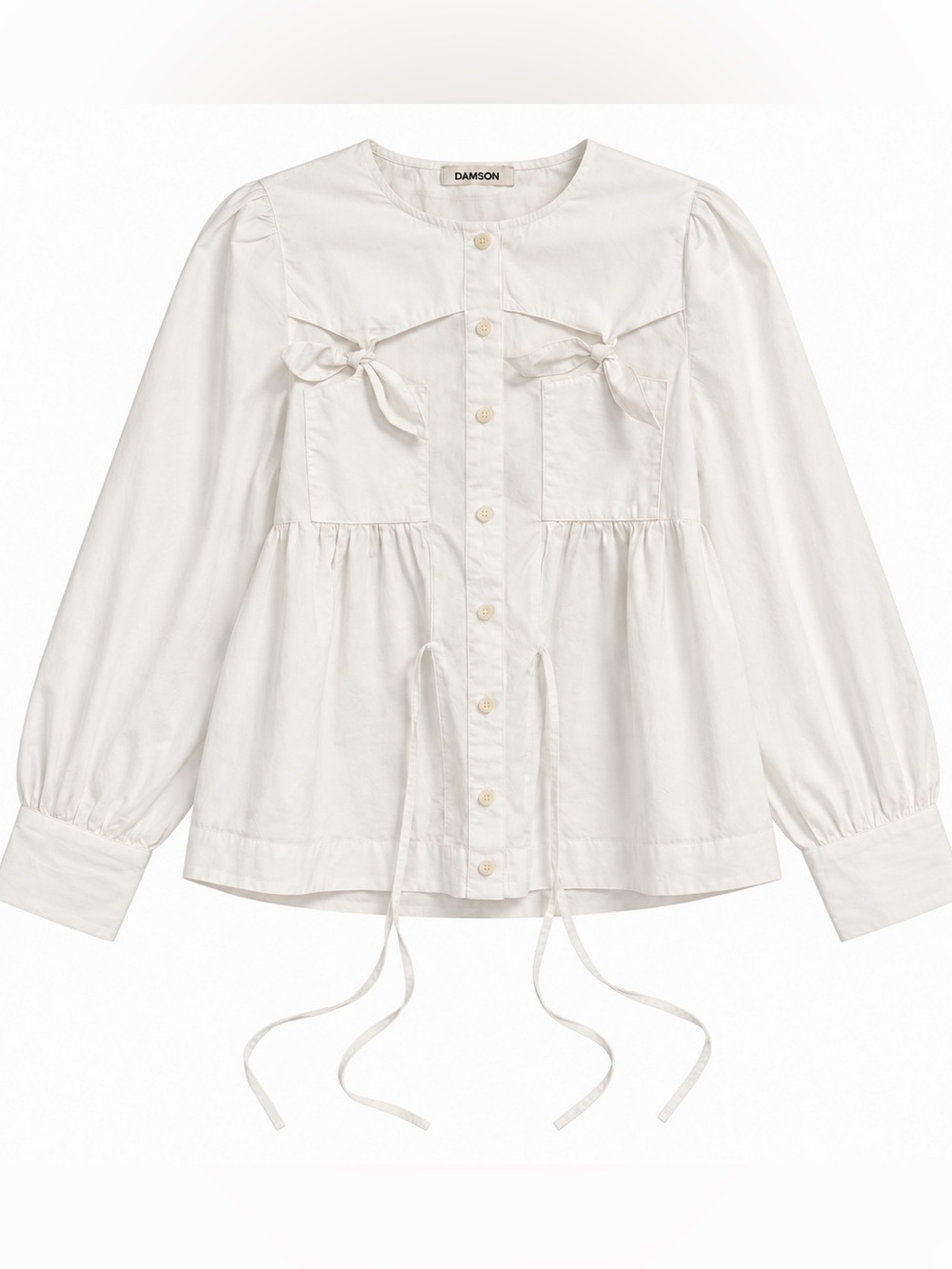 Damson Madder Lettie White Bow Blouse Organic Cotton Peplum US 2 UK 6